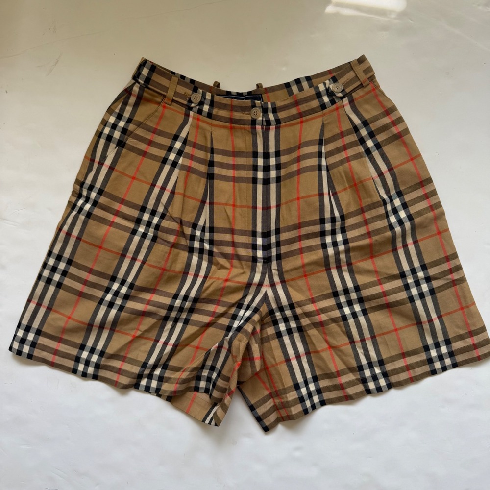 Vintage Burberry Nova Check High Waist Shorts Tan Plaid Cotton Small 80s 90s